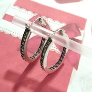 925 Sterling Silver Round Hoop Huggie Earrings Pink Sapphires Marcasites Signed
